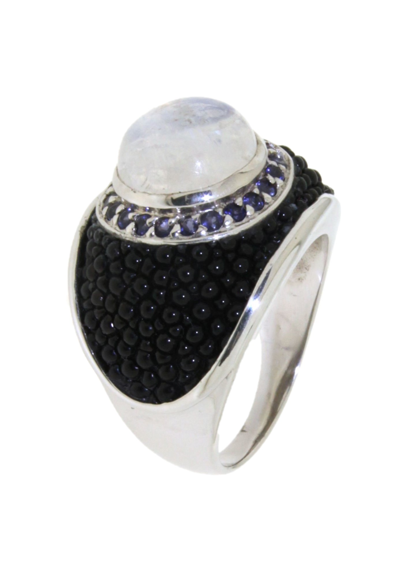 Ring mit Rochenleder, Regenbogen Mondstein und Iolith